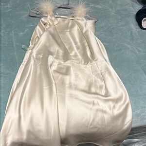 Elegant Cream Satin Slip Dress with Feather Straps